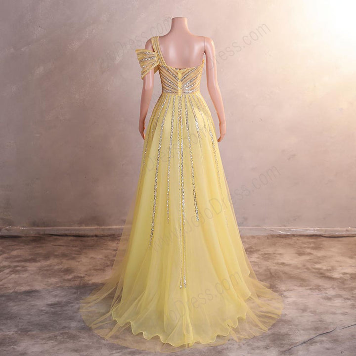 Sparkly Yellow Maxi One Shoulder Formal Prom Evening Dress EN5811