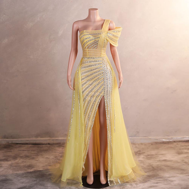 Sparkly Yellow Maxi One Shoulder Formal Prom Evening Dress EN5811