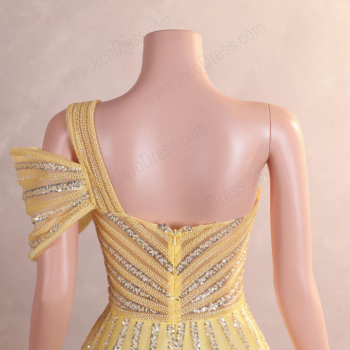Sparkly Yellow Maxi One Shoulder Formal Prom Evening Dress EN5811