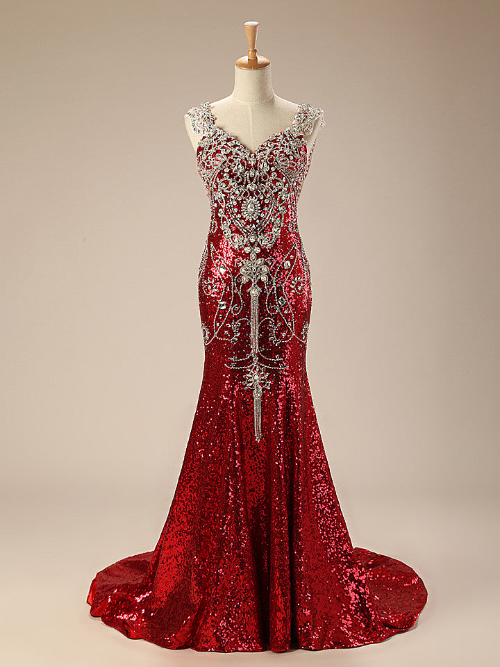 Sparkly Red Mermaid Evening Dress with Crystals