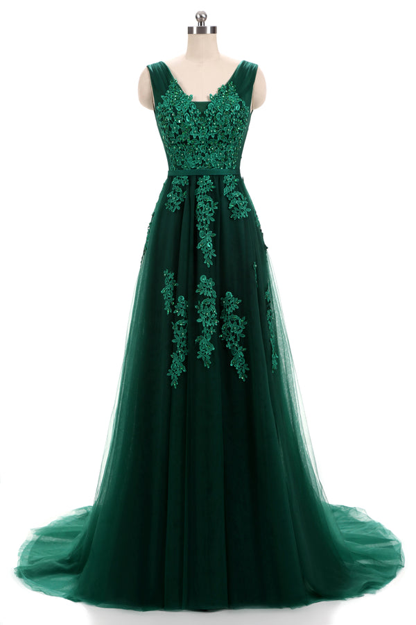 Forest Green Lace Formal Prom Evening Dress with Open Back