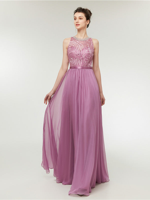 Light Magenta Long Chiffon Formal Prom Dress 
