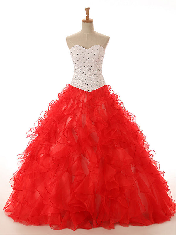 Strapless Red Ruffle Quinceanera Ball Gown