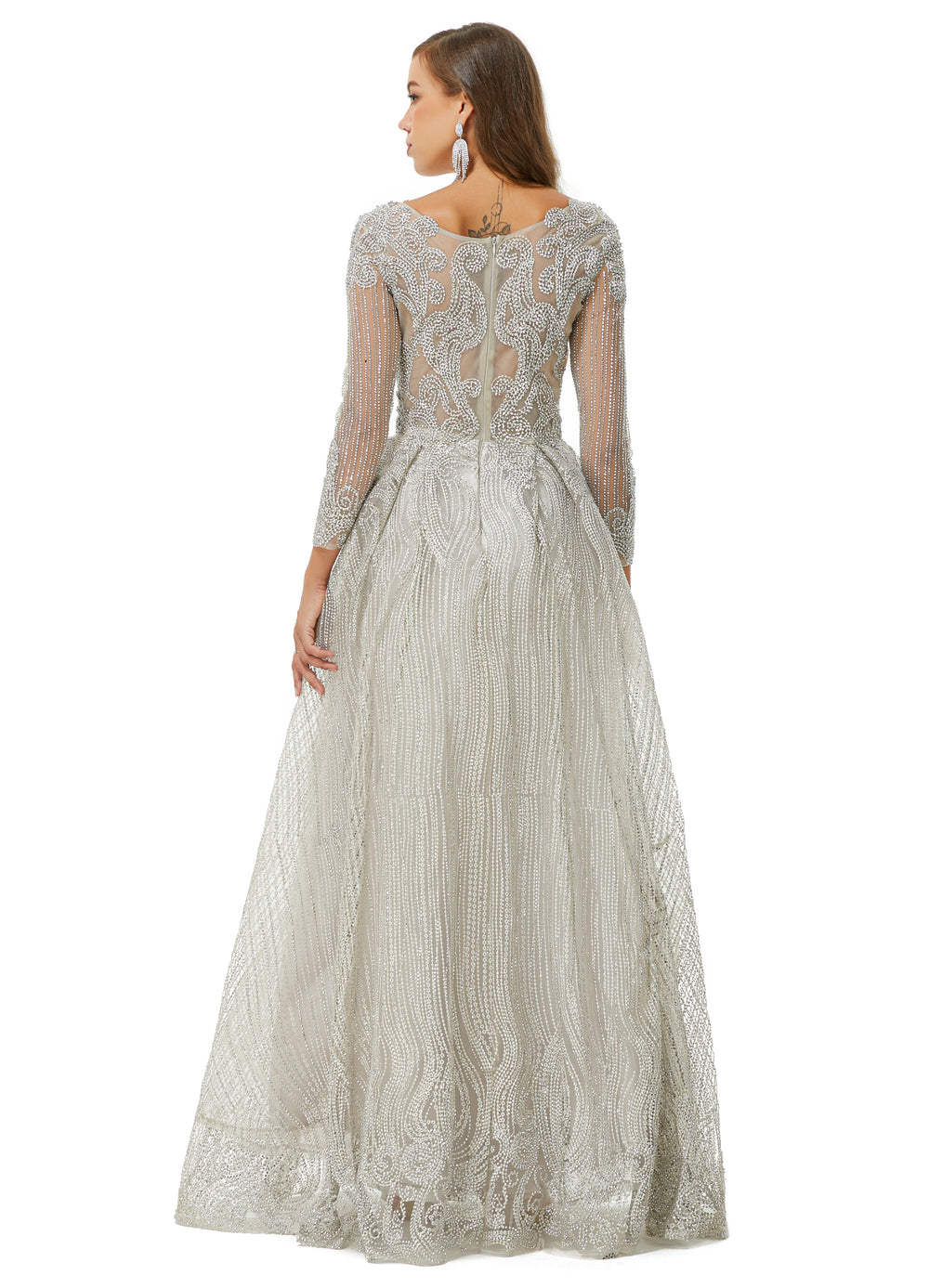 Silver Glitter Lace Maxi Ball Gown Formal Prom Gala Dress EN4514