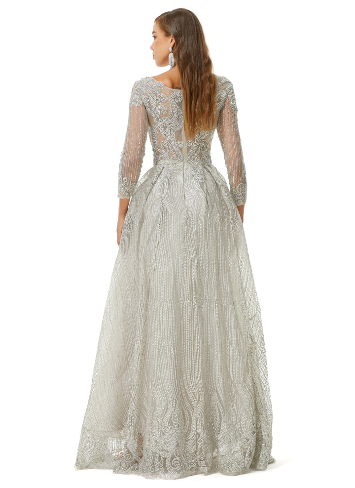 Silver Glitter Lace Maxi Ball Gown Formal Prom Gala Dress EN4514