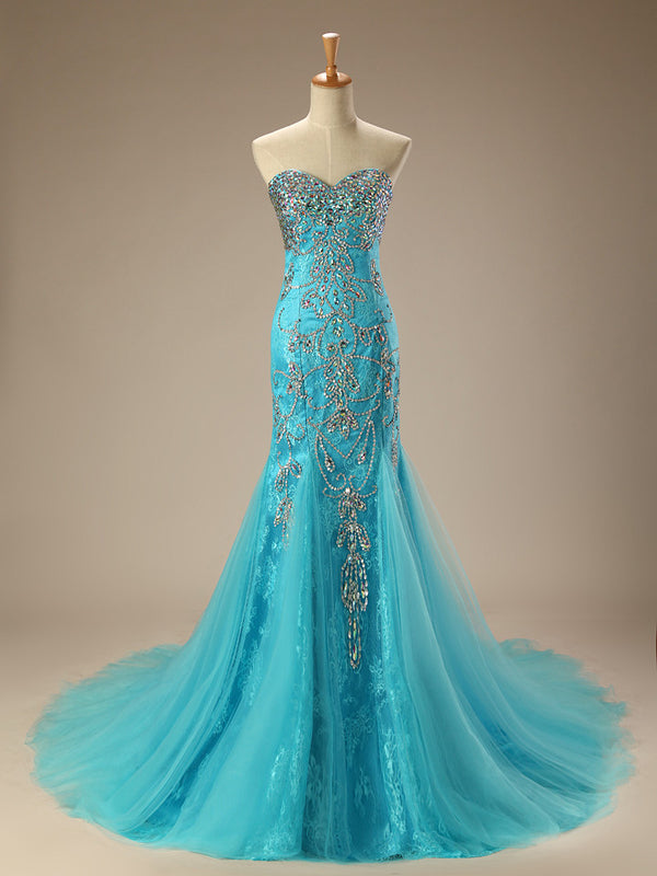 Turquoise Jeweled Lace Mermaid Formal Evening Dress