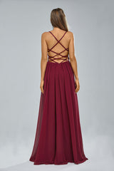 Maxi Burgundy Chiffon Formal Prom Dress with CrissCross Back EN5404