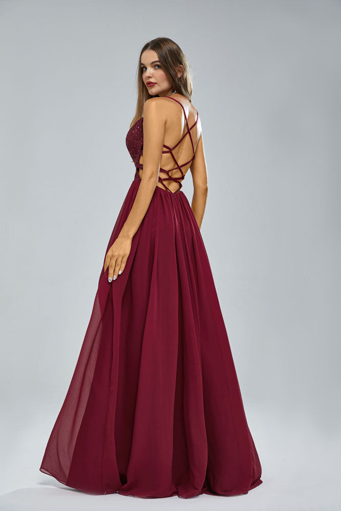 Maxi Burgundy Chiffon Formal Prom Dress with Side Slit EN5404