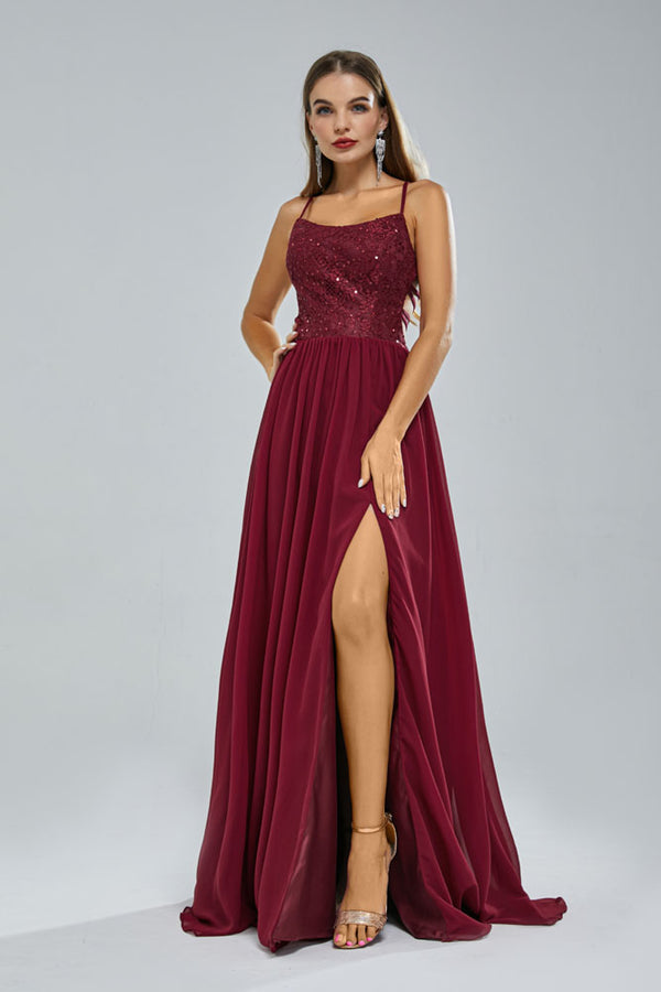 Maxi Burgundy Chiffon Formal Prom Dress with Side Slit EN5404