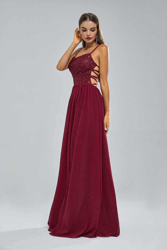 Maxi Burgundy Chiffon Formal Prom Dress with Side Slit EN5404