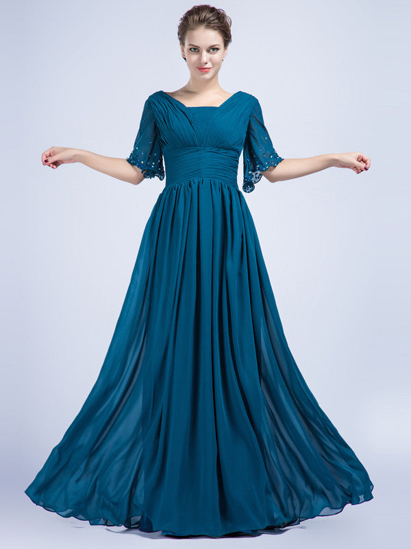 Teal Chiffon Full Length Graduation Dress with Sleeves