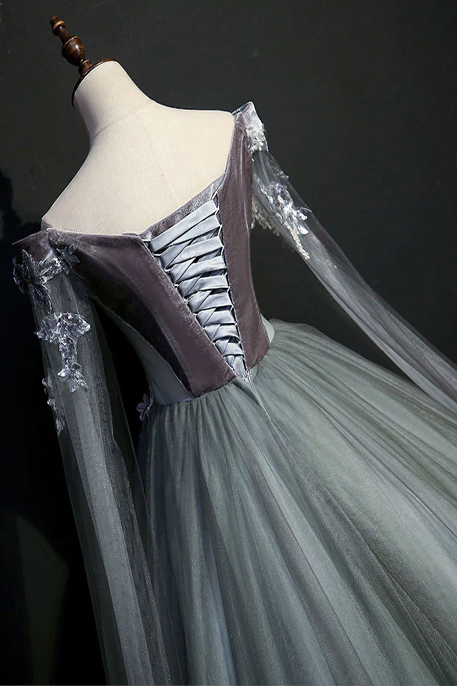 Gray Off the Shoulder Velvet Long Evening Prom Dress AL3001