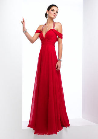 Chiffon Halter Red Off Shoulder Prom Formal Evening Dress HB141A