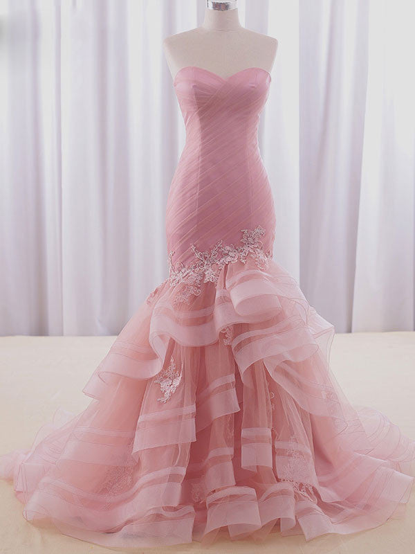 Strapless Pink Fit and Flare Formal Prom Evening Dress