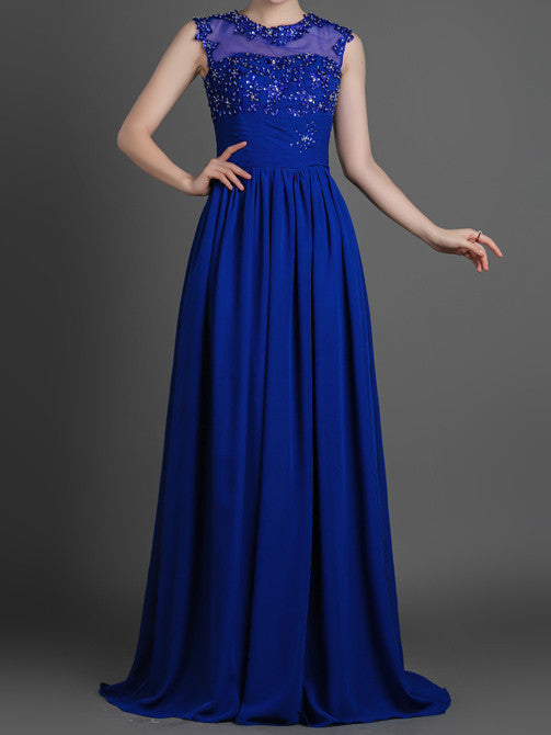 Blue Modest Lace Chiffon Full Length Formal Prom Dress