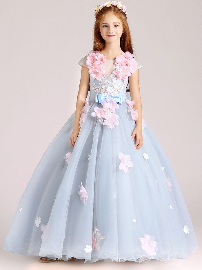 Gray Flower Girl Princess Ball Gown Party Dress Birthday Dress