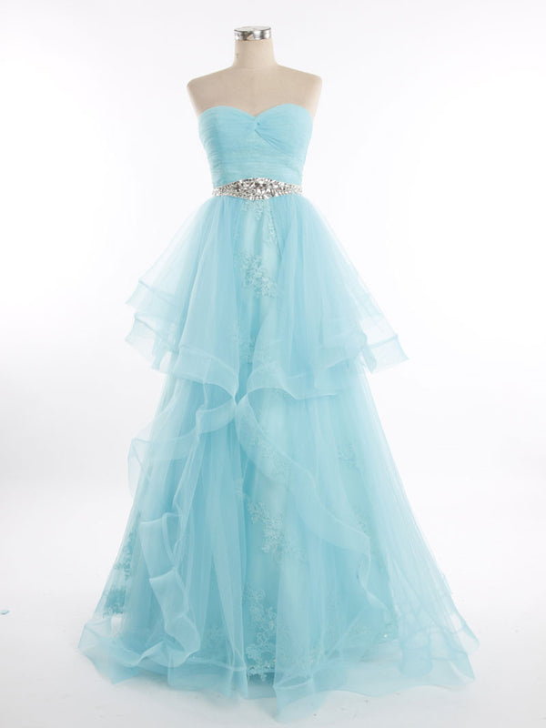 Blue Strapless Tulle Lace Prom Formal Pageant Dress