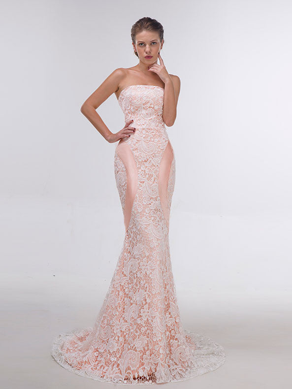 Sexy Strapless Peach Lace Mermaid Prom Formal Dress