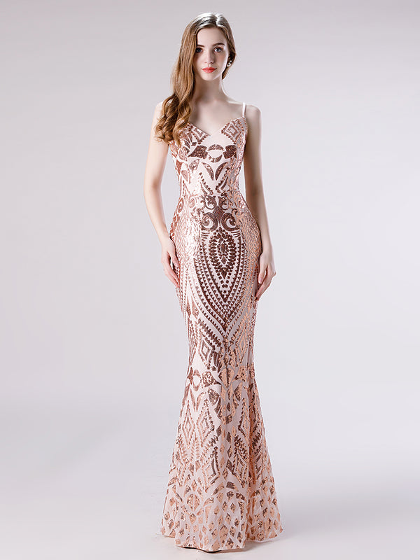 Rose Gold Sequin Lace Slim Prom Evening Dress 