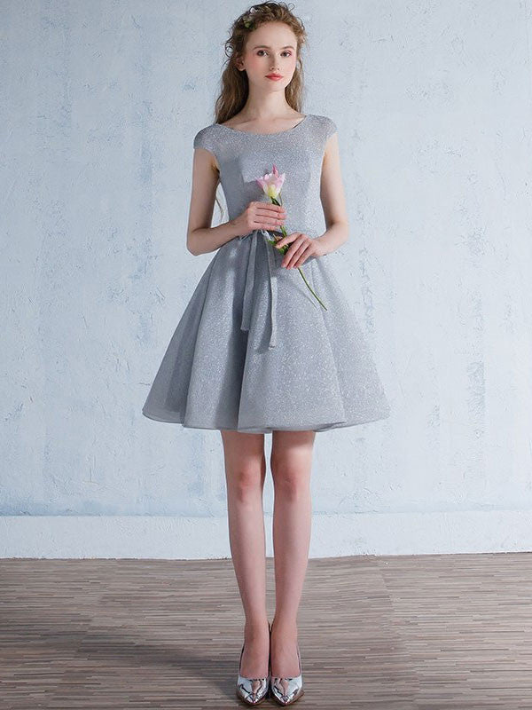 Short Gray Bridesmaid Dress with Short Sleeves