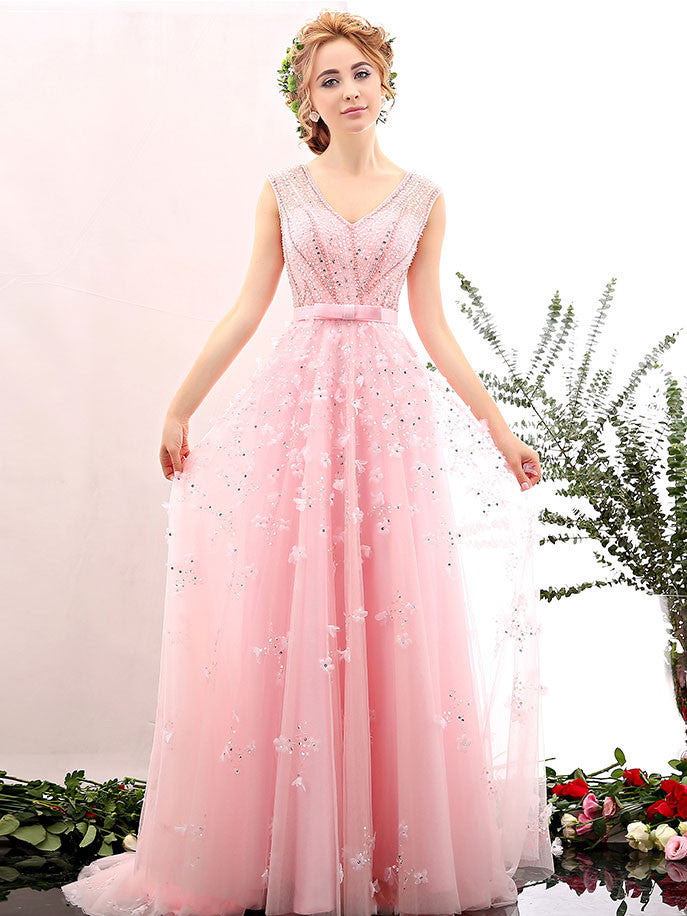Grecian Petal Pink V Neck Formal Prom Evening Dress | X1604
