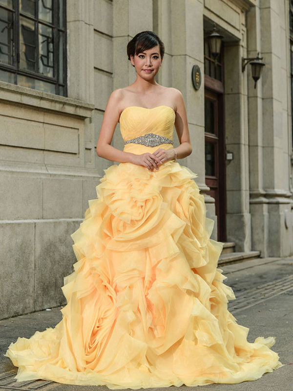 Yellow Strapless Formal Evening dress with Ruffle Skirt