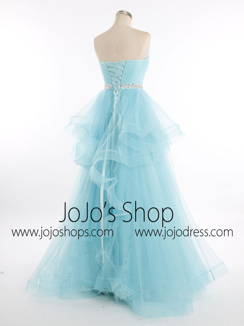 Blue Strapless Tulle Lace Prom Formal Pageant Dress