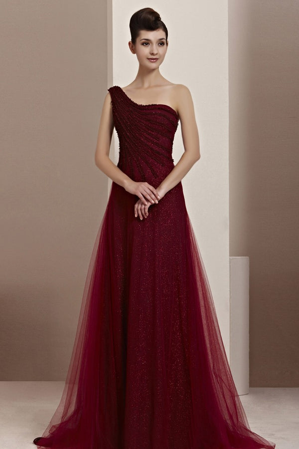 Grecian Asymmetric One Shoulder Burgundy Prom Formal Evening Dress CX830111