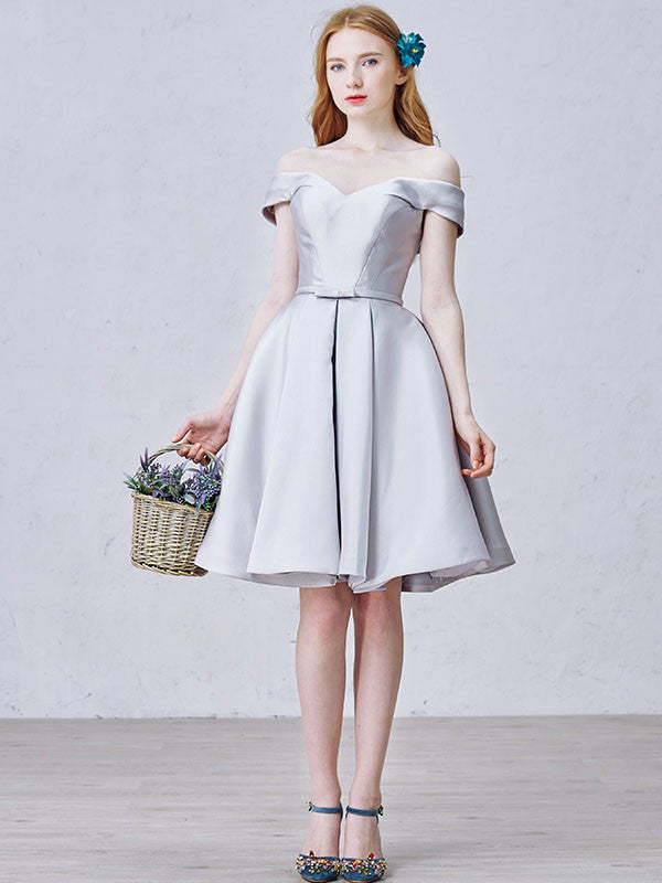 Pink Satin Off Shoulder Bridesmaid Dress