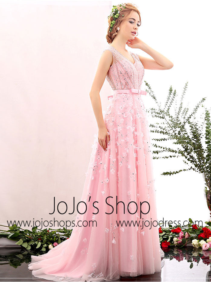 Grecian Petal Pink V Neck Formal Prom Evening Dress | X1604