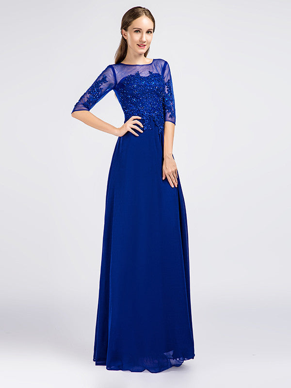 Royal Blue Modest Lace Formal Prom Evening Dress with Sleeves