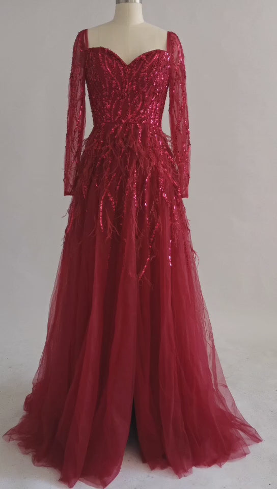 Scarlet Red Maxi Sequins Formal Evening Dress with Long Sleeves EN5503