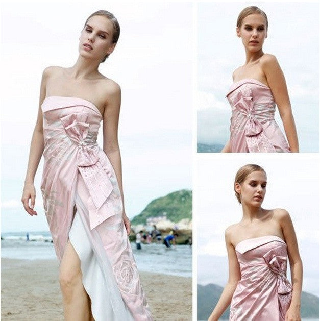 Pink Side Slit Strapless with Bow SA80102