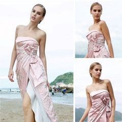 Pink Side Slit Strapless with Bow SA80102