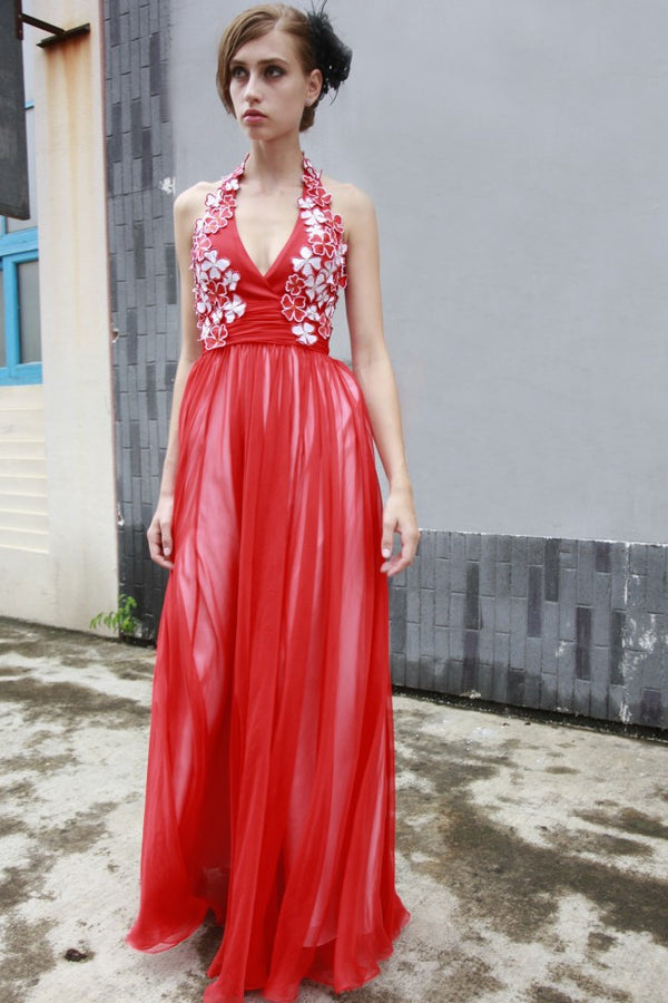 Red Grecian Halter Long Formal Prom Evening Dress CX80519