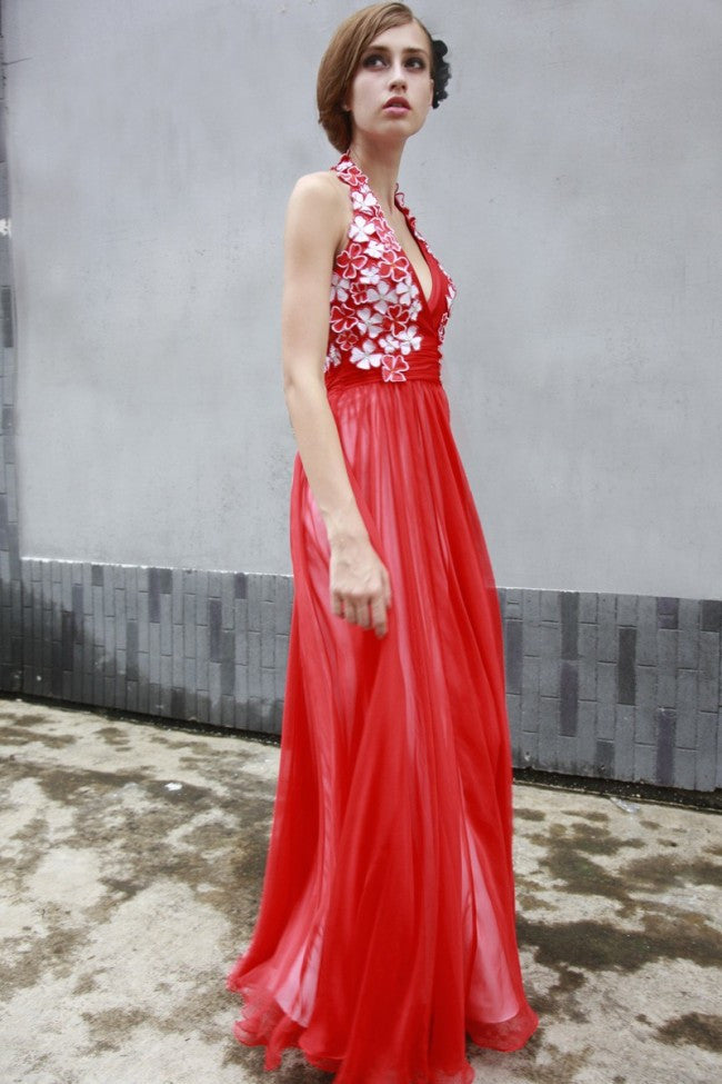 Red Grecian Halter Long Formal Prom Evening Dress CX80519