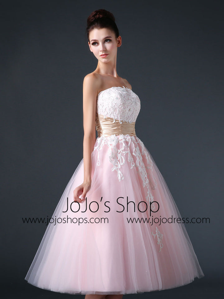 Retro 50s Strapless Pink Tea Length Prom Dress Evening Dress | CS3006