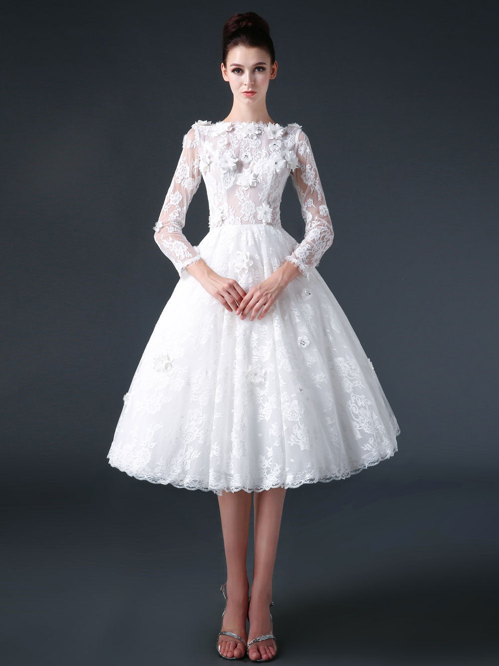 Modest Knee Length Lace Dress with Flowers