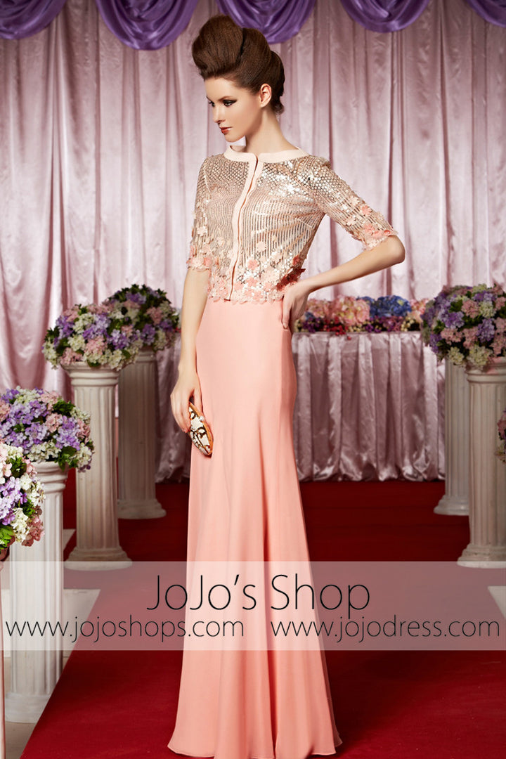 Pink Modest Long Sleeves Shimmery Elegant Prom Formal Evening Dress CX830386