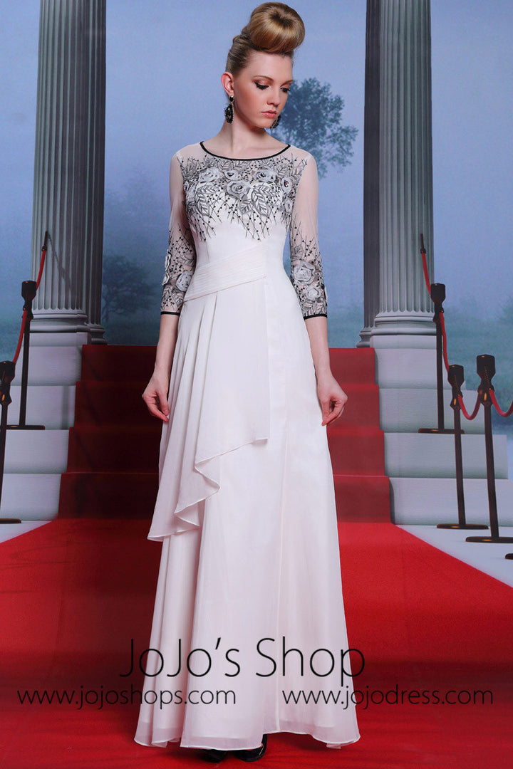 Elegant 3/4 Sleeve Ivory Chiffon Prom Dress DQ830883
