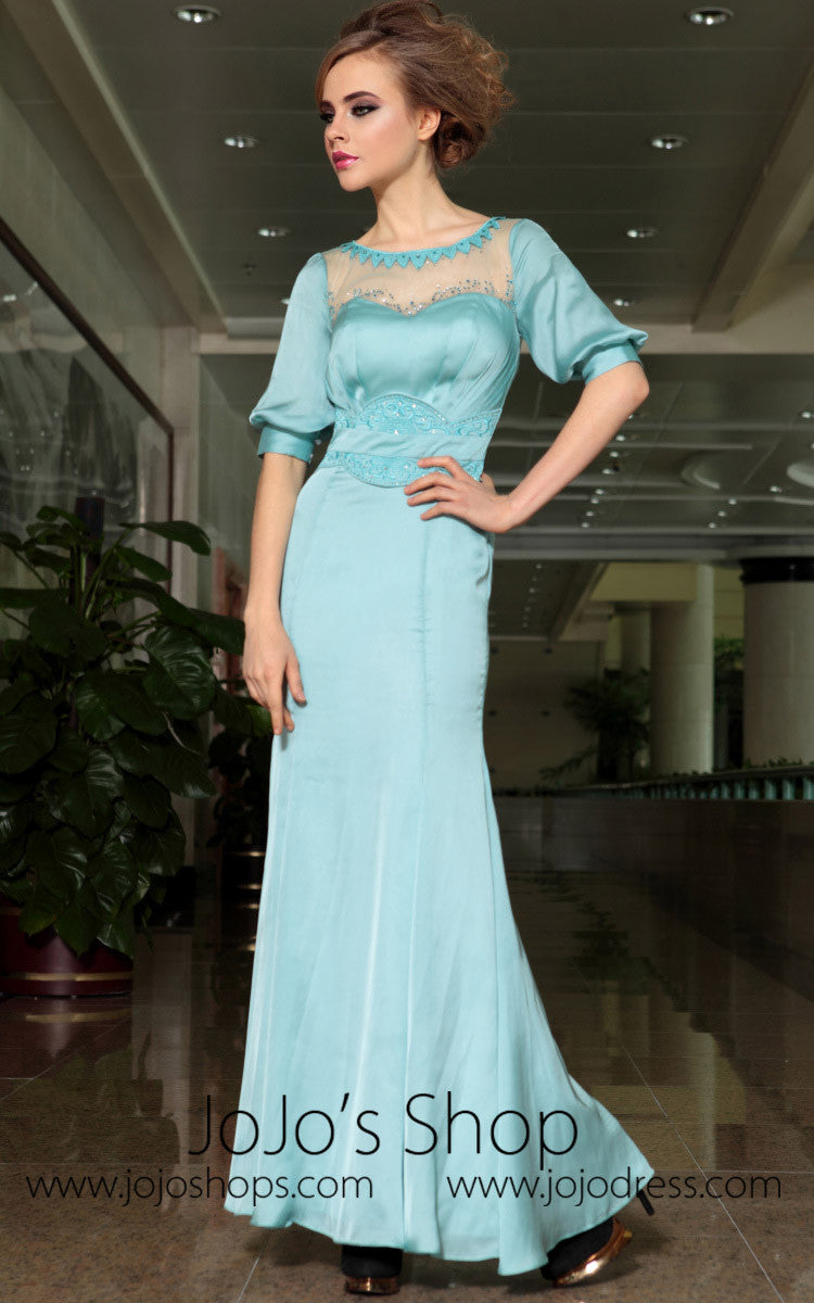 Modest Blue Quarter Sleeves Formal Prom Evening Cocktail Dress DQ830893