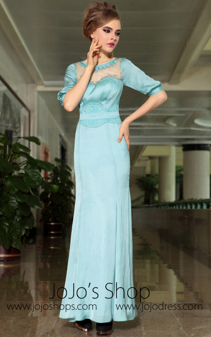 Modest Blue Quarter Sleeves Formal Prom Evening Cocktail Dress DQ830893