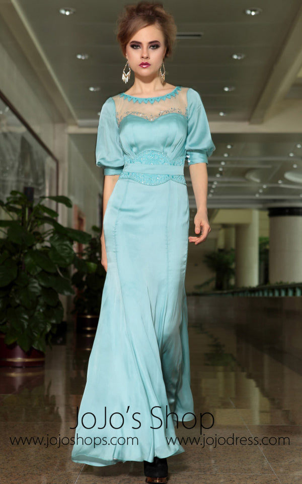Modest Blue Quarter Sleeves Formal Prom Evening Cocktail Dress DQ830893