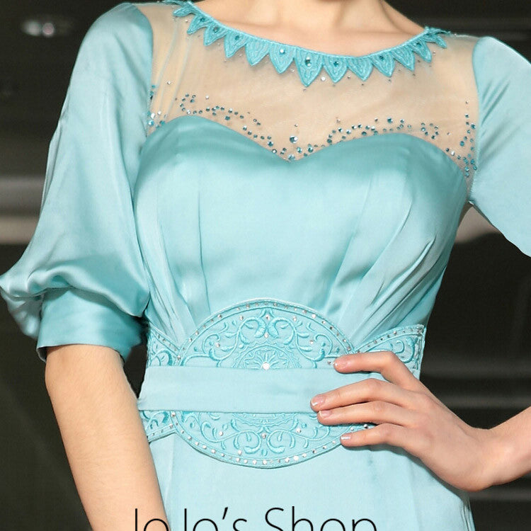 Modest Blue Quarter Sleeves Formal Prom Evening Cocktail Dress DQ830893