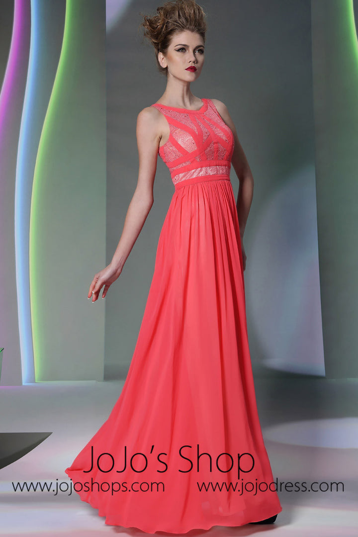 Watermelon Red Jewel Neck Formal Prom Evening Dress DQ830955