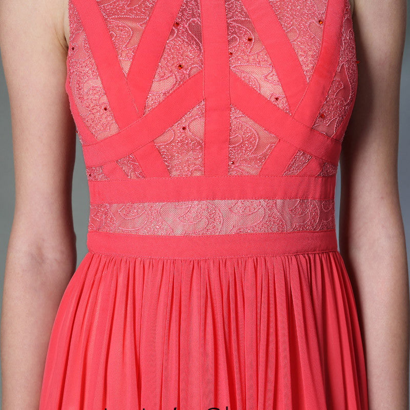 Watermelon Red Jewel Neck Formal Prom Evening Dress DQ830955