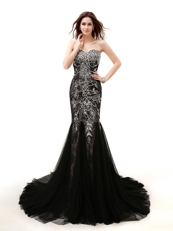 Strapless Black Jeweled Lace Formal Evening Dress EN103