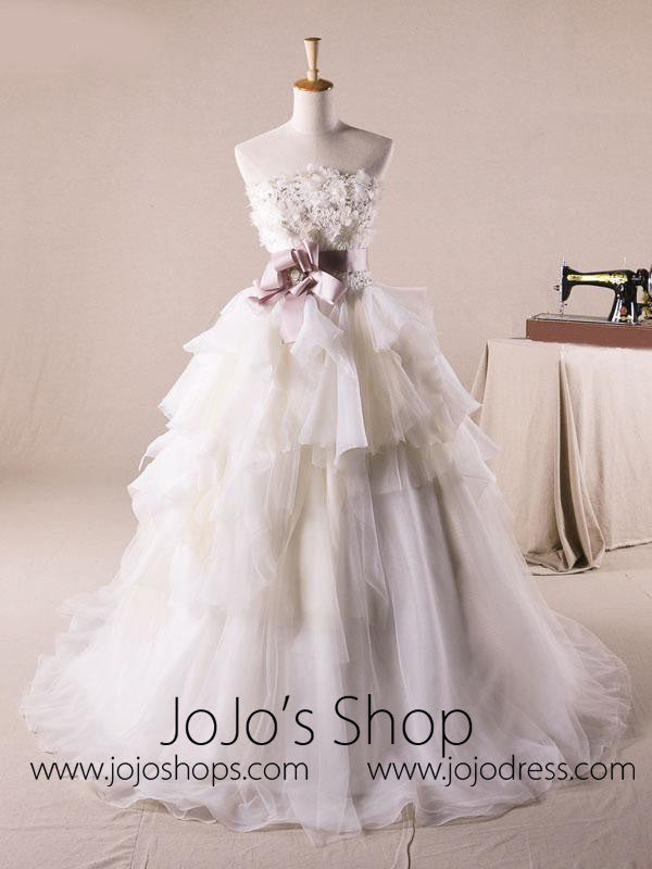 Strapless Floral Organza Debutante Ball Gown Wedding Dress