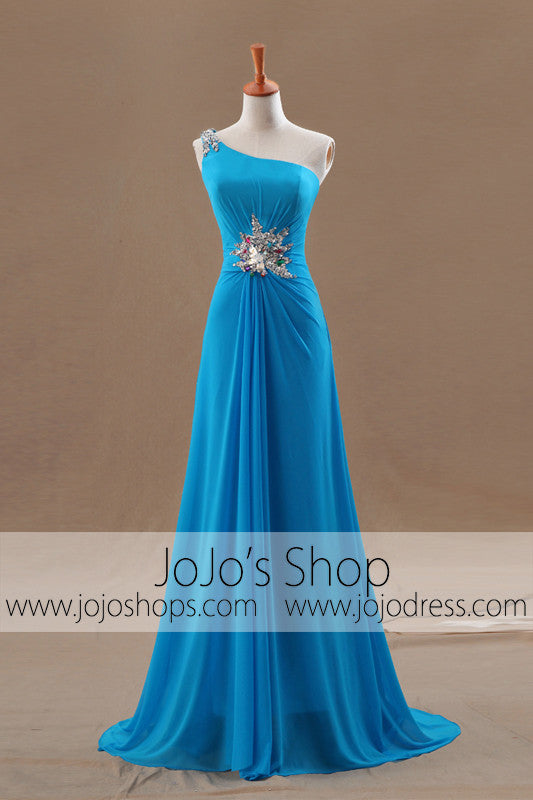 Grecian Goddess Blue Asymetrical One Shoulder Formal Prom Dress | G1091
