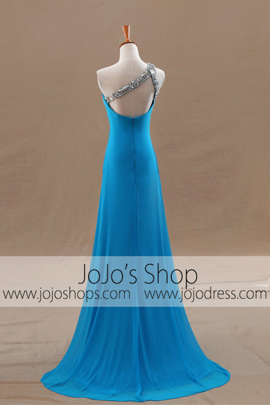 Grecian Goddess Blue Asymetrical One Shoulder Formal Prom Dress | G1091